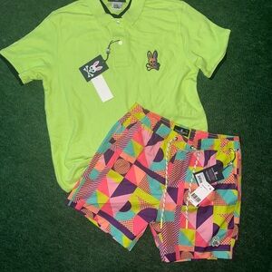 Psycho Bunny Neon Green Polo with Geometric Shorts
